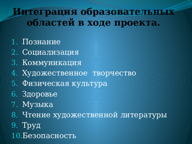 Интеграция образовательных областей в ходе проекта.   Познание Социализация Коммуникация Художественное творчество Физическая культура Здоровье Музыка Чтение художественной литературы Труд Безопасность 
