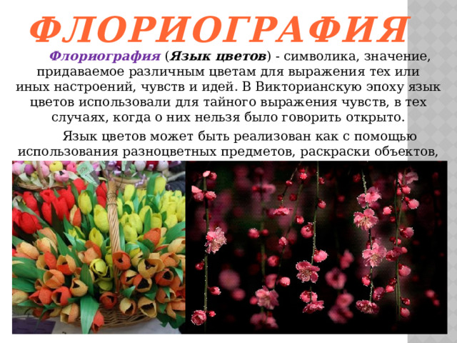 Флориография  Флориография ( Язык цветов ) - символика, значение, придаваемое различным цветам для выражения тех или иных настроений, чувств и идей. В Викторианскую эпоху язык цветов использовали для тайного выражения чувств, в тех случаях, когда о них нельзя было говорить открыто.  Язык цветов может быть реализован как с помощью использования разноцветных предметов, раскраски объектов, так и путём создания цветочных композиций из живых растений - букетов, венков и т. п. 