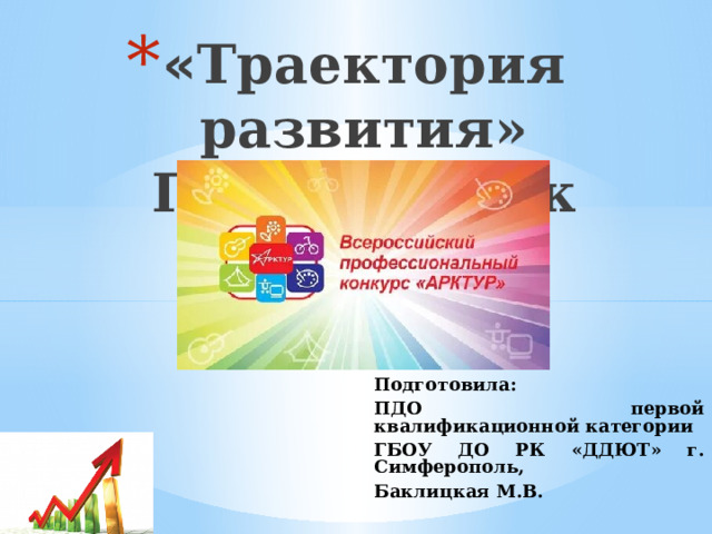 « Траектория развития»  Подготовка к конкурсу Подготовила: ПДО первой квалификационной категории ГБОУ ДО РК «ДДЮТ» г. Симферополь, Баклицкая М.В. 