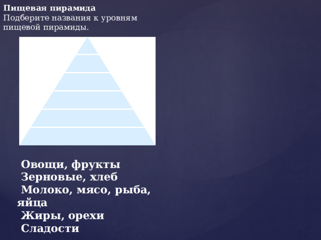 Пищевая пирамида Подберите названия к уровням пищевой пирамиды.   Овощи, фрукты   Зерновые, хлеб   Молоко, мясо, рыба, яйца   Жиры, орехи   Сладости 