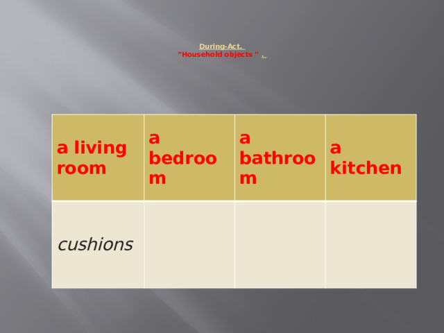  During-Act.  “Household objects ” .   a living room a bedroom cushions a bathroom a kitchen 