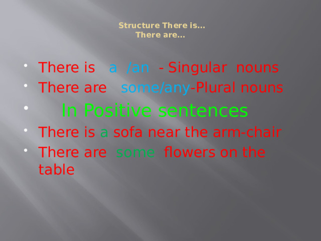   Structure There is…  There are…   There is a  /an - Singular nouns There are some/any -Plural nouns  In Positive sentences There is a sofa near the arm-chair There are some flowers on the table 