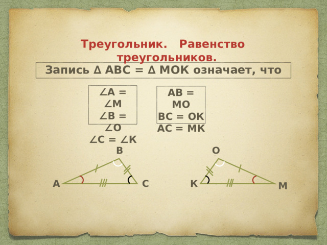 Треугольник. Равенство треугольников. Запись ∆ АВС = ∆ МОК означает, что ∠ А = ∠М ∠ В = ∠О ∠ С = ∠К АВ = МО ВС = ОК АС = МК В О К С А М 
