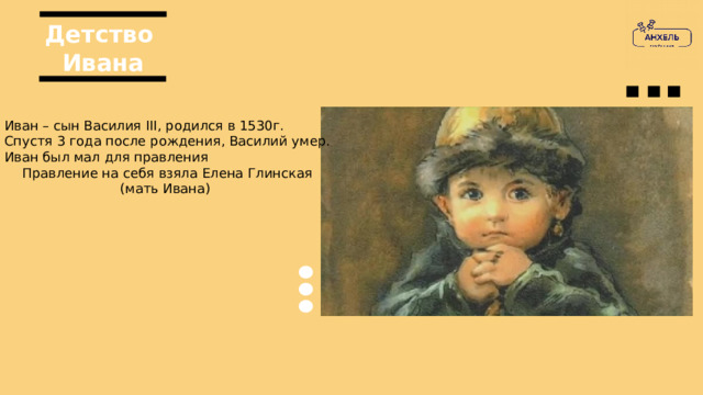 Детство Ивана Иван – сын Василия III, родился в 1530г. Спустя 3 года после рождения, Василий умер. Иван был мал для правления Правление на себя взяла Елена Глинская (мать Ивана) 