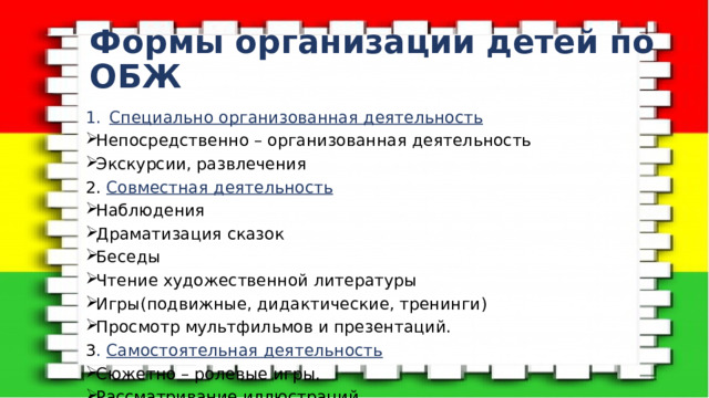 Формы организации детей по ОБЖ Специально организованная деятельность Непосредственно – организованная деятельность Экскурсии, развлечения 2. Совместная деятельность Наблюдения Драматизация сказок Беседы Чтение художественной литературы Игры(подвижные, дидактические, тренинги) Просмотр мультфильмов и презентаций. 3 . Самостоятельная деятельность Сюжетно – ролевые игры. Рассматривание иллюстраций. 