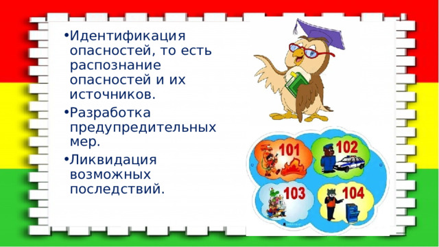 Идентификация опасностей, то есть распознание опасностей и их источников. Разработка предупредительных мер. Ликвидация возможных последствий. 