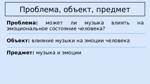 Проблема, объект, предмет Проблема: может ли музыка влиять на эмоциональное состояние человека? Объект: влияние музыки на эмоции человека Предмет: музыка и эмоции 