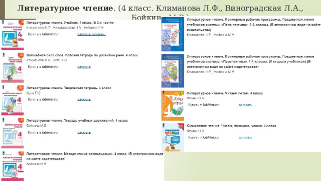 Литературное чтение . (4 класс. Климанова Л.Ф., Виноградская Л.А., Бойкина М.В.) 