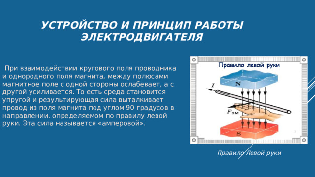 Устройство и принцип работы  электродвигателя    При взаимодействии кругового поля проводника и однородного поля магнита, между полюсами магнитное поле с одной стороны ослабевает, а с другой усиливается. То есть среда становится упругой и результирующая сила выталкивает провод из поля магнита под углом 90 градусов в направлении, определяемом по правилу левой руки. Эта сила называется «амперовой». Правило Левой руки 