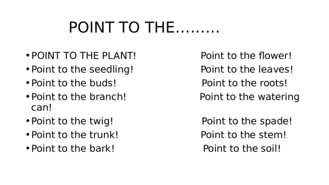  POINT TO THE……… POINT TO THE PLANT! Point to the flower! Point to the seedling! Point to the leaves! Point to the buds! Point to the roots! Point to the branch! Point to the watering can! Point to the twig! Point to the spade! Point to the trunk! Point to the stem! Point to the bark! Point to the soil! 