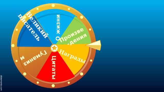 О жизни Произве-дения Награды Цитаты Гуманизм  Великий писатель 