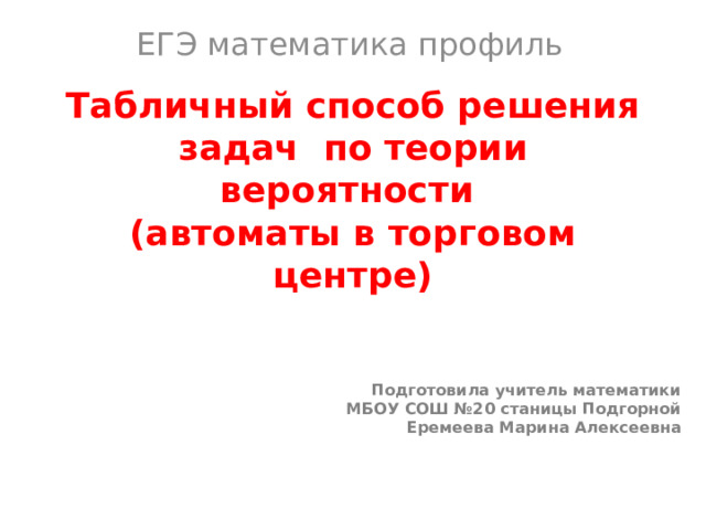 ЕГЭ математика профиль Табличный способ решения задач по теории вероятности  (автоматы в торговом центре) Подготовила учитель математики  МБОУ СОШ №20 станицы Подгорной Еремеева Марина Алексеевна 