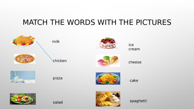 Match the words with the pictures milk ice cream chicken cheese pizza cake spaghetti salad 