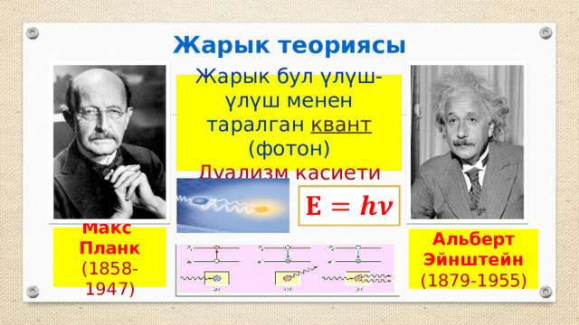 Жарык теориясы Жарык бул үлүш-үлүш менен таралган квант (фотон) Дуализм касиети   Макс Планк (1858-1947) Альберт Эйнштейн (1879-1955) 