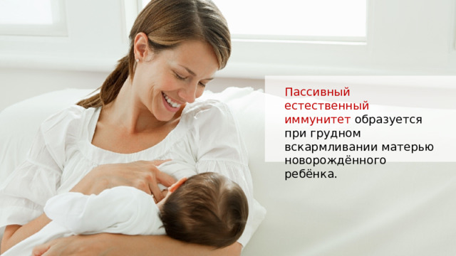 Пассивный естественный иммунитет образуется при грудном вскармливании матерью новорождённого ребёнка. 