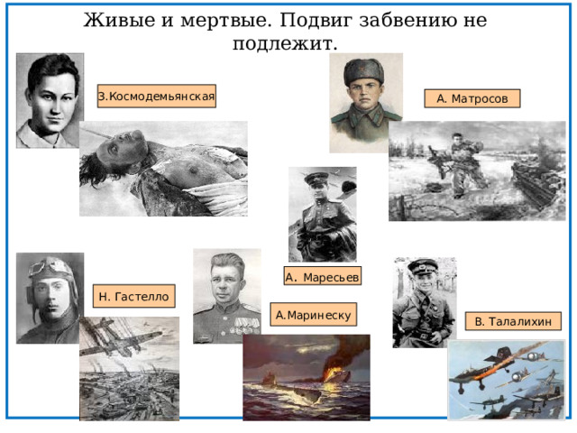 Живые и мертвые. Подвиг забвению не подлежит. З.Космодемьянская А. Матросов А . Маресьев Н. Гастелло А.Маринеску В. Талалихин 