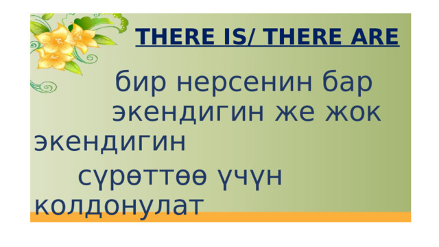  THERE IS/ THERE ARE  бир нерсенин бар экендигин же жок экендигин  сүрөттөө үчүн колдонулат 