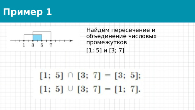 Пример 1 Найдём пересечение и объединение числовых промежутков [1; 5] и [3; 7] 