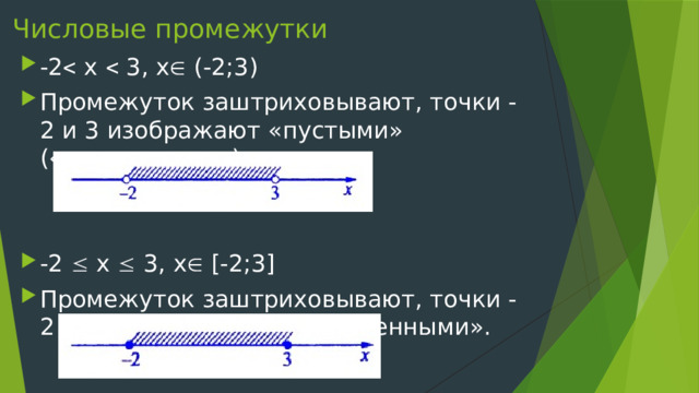 Числовые промежутки -2  х  3, х  (-2;3) Промежуток заштриховывают, точки -2 и 3 изображают «пустыми» («выколотыми»). -2  х  3, х  [-2;3] Промежуток заштриховывают, точки -2 и 3 изображают «закрашенными». 