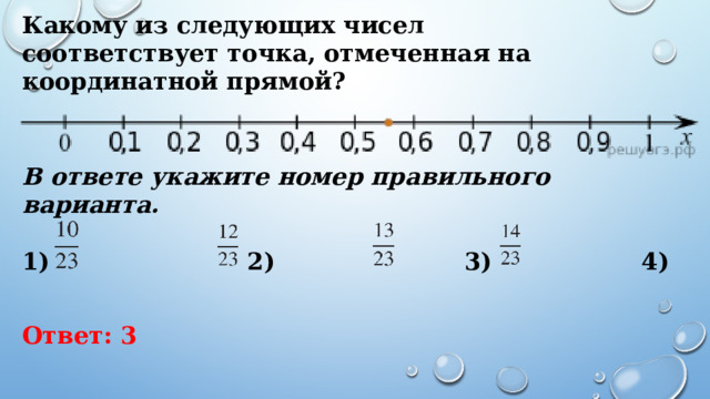 Какому из следующих чисел соответствует точка, отмеченная на координатной прямой? В ответе укажите номер правильного варианта.   1) 2) 3)   4)   Ответ: 3 