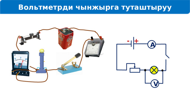 Вольтметрди чынжырга туташтыруу + - А V 