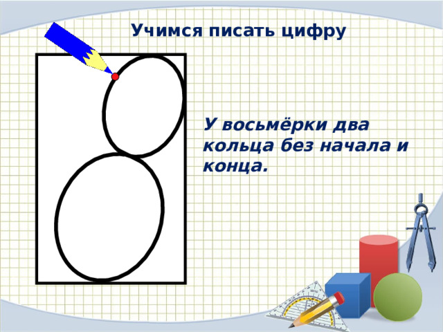 Учимся писать цифру У восьмёрки два кольца без начала и конца. 
