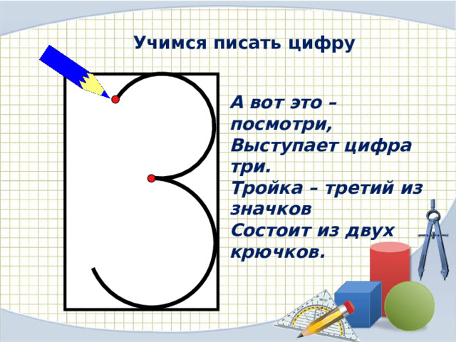 Учимся писать цифру А вот это – посмотри, Выступает цифра три. Тройка – третий из значков Состоит из двух крючков. 