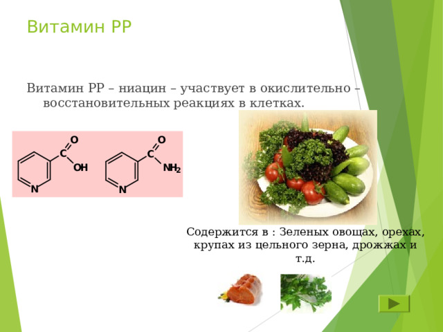 Витамин PP Витамин PP – ниацин – участвует в окислительно – восстановительных реакциях в клетках. Содержится в : Зеленых овощах, орехах, крупах из цельного зерна, дрожжах  и т.д. 