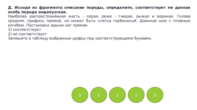 Д. Исходя из фрагмента описания породы, определите, соответствует ли данная особь породе андалузская. Наиболее распространённая масть - серая, реже - гнедая, рыжая и вороная. Голова средняя, профиль прямой, но может быть слегка горбоносый. Длинная шея с плавным изгибом. Постановка задних ног прямая. 1) соответствует 2) не соответствует Запишите в таблицу выбранные цифры под соответствующими буквами. 5 1 1 1 2 