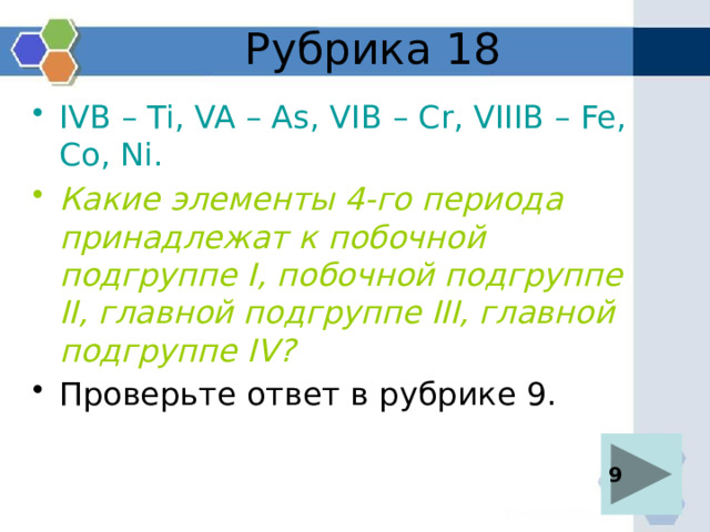 Рубрика 18 IVB – Ti, VA – As, VIB – Cr, VIIIB – Fe, Co, Ni. Какие элементы 4-го периода принадлежат к побочной подгруппе I, побочной подгруппе II, главной подгруппе III, главной подгруппе IV? Проверьте ответ в рубрике 9. 9 
