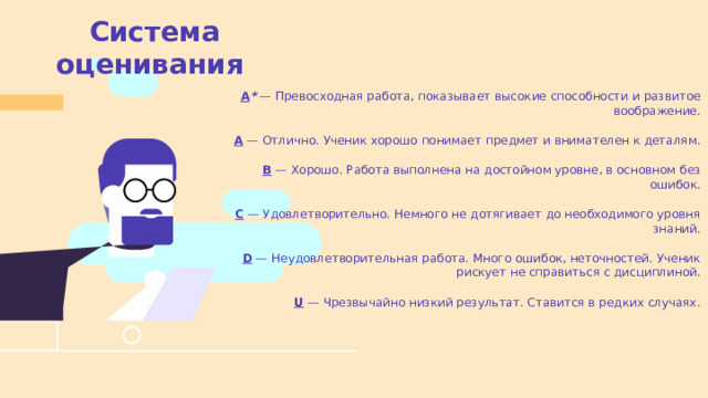  Система оценивания A * — Превосходная работа, показывает высокие способности и развитое воображение. A — Отлично. Ученик хорошо понимает предмет и внимателен к деталям. В — Хорошо. Работа выполнена на достойном уровне, в основном без ошибок. C — Удовлетворительно. Немного не дотягивает до необходимого уровня знаний. D — Неудовлетворительная работа. Много ошибок, неточностей. Ученик рискует не справиться с дисциплиной. U — Чрезвычайно низкий результат. Ставится в редких случаях. 