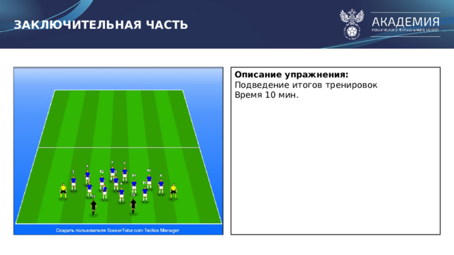 ЗАКЛЮЧИТЕЛЬНАЯ ЧАСТЬ Вставьте рисунок/схему упражнения Описание упражнения: Подведение итогов тренировок Время 10 мин. 