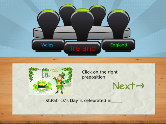 Wales England Ireland Click on the right preposition St.Patrick’s Day is celebrated in_____ 