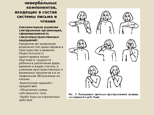  Изучение невербальных компонентов, входящих в состав системы письма и чтения Сенсомоторное развитие (литеральная организация, сформированность соматопространственных ощущений) Предполагает выявление возможностей ориентировки в пространстве и времени. Недостаточность ориентировки может обусловить трудности ребенка в различении форм, времени и видов глагола, в усвоении пространственных и временных предлогов и в их правильном обозначении на письме. -Выполнение заданий с предметами -Объяснение схемы собственного тела -Проба Хэда на отраженные действия 