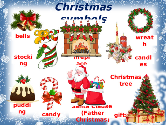 Christmas symbols bells wreath fireplace stocking candles Christmas tree pudding Santa Clause (Father Christmas) gifts candy  