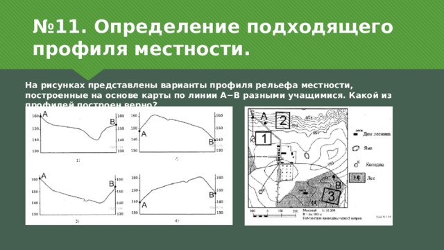 № 11. Определение подходящего профиля местности. На рисунках представлены варианты профиля рельефа местности, построенные на основе карты по линии А−В разными учащимися. Какой из профилей построен верно? 