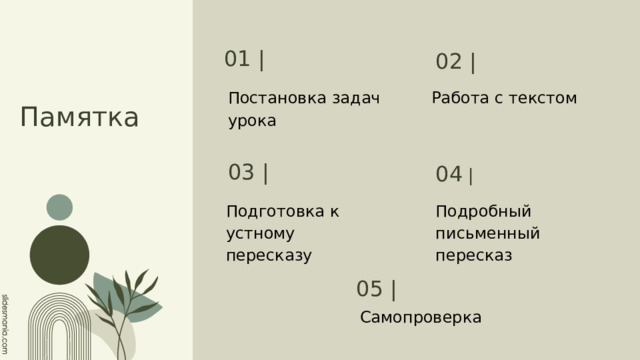 Памятка 01 | 02 | Постановка задач урока Работа с текстом 03 | 04 | Подробный письменный пересказ Подготовка к устному пересказу 05 | Самопроверка 