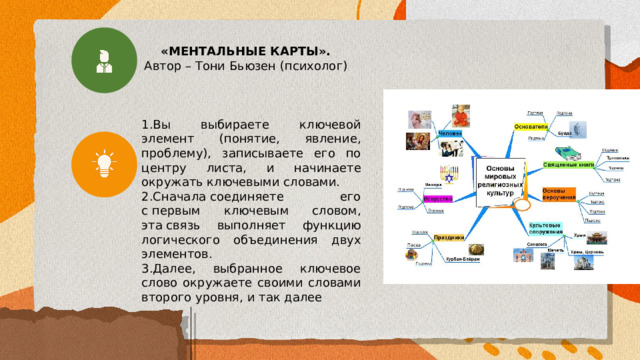 «МЕНТАЛЬНЫЕ КАРТЫ». Автор – Тони Бьюзен (психолог) Вы выбираете ключевой элемент (понятие, явление, проблему), записываете его по центру листа, и начинаете окружать ключевыми словами. Сначала соединяете его с первым ключевым словом, эта связь выполняет функцию логического объединения двух элементов. Далее, выбранное ключевое слово окружаете своими словами второго уровня, и так далее 