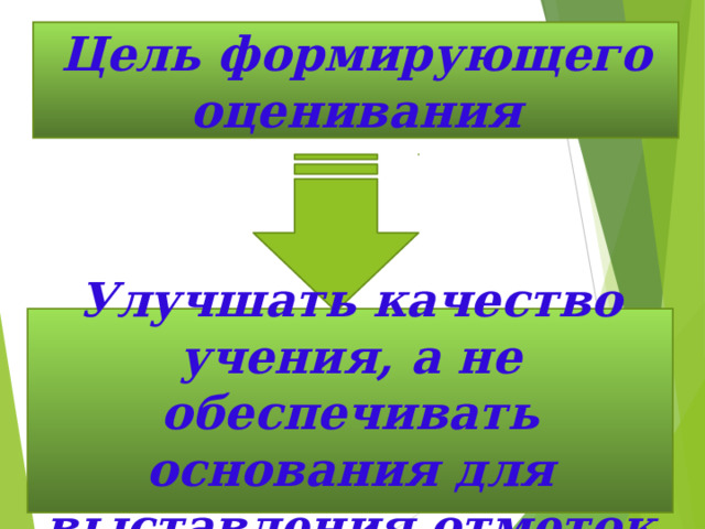 Цель формирующего оценивания Улучшать качество учения, а не обеспечивать основания для выставления отметок 