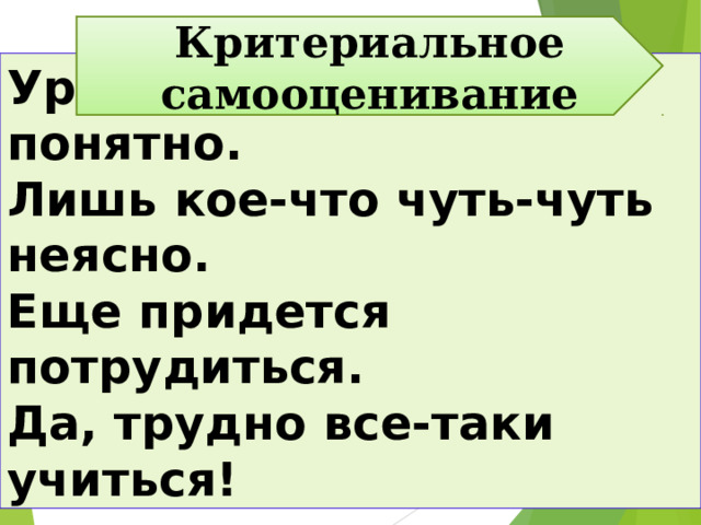 Критериальное самооценивание Урок полезен, все понятно. Лишь кое-что чуть-чуть неясно. Еще придется потрудиться. Да, трудно все-таки учиться! 