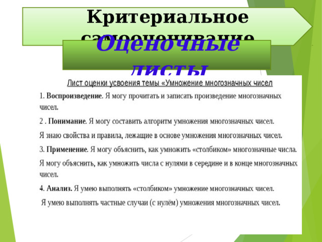Критериальное самооценивание Оценочные листы 