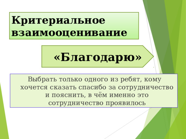 Критериальное  взаимооценивание «Благодарю»  Выбрать только одного из ребят, кому хочется сказать спасибо за сотрудничество и пояснить, в чём именно это сотрудничество проявилось 