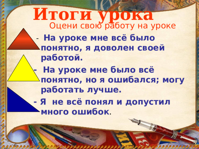 Итоги урока Оцени свою работу на уроке  - На уроке мне всё было понятно, я доволен своей работой. - На уроке мне было всё понятно, но я ошибался; могу работать лучше. - Я не всё понял и допустил много ошибок . 