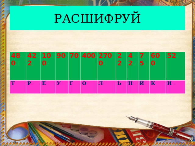 РАСШИФРУЙ 480 Т 422 Р 100 90 Е У 70 Г 400 О 2700 Л 22 Ь 42 75 Н И 600 52 К И 