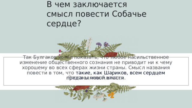 В чем заключается смысл повести Собачье сердце? Так Булгаков хотел показать, что любое насильственное изменение общественного сознания не приводит ни к чему хорошему во всех сферах жизни страны. Смысл названия повести в том, что  такие, как Шариков, всем сердцем преданы новой власти . Рост годового дохода 1 