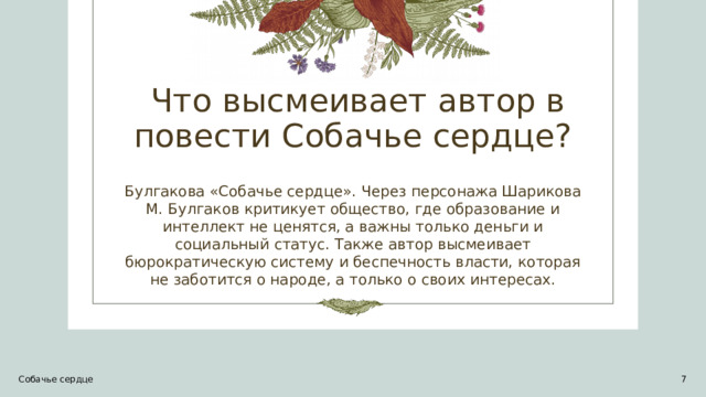  Что высмеивает автор в повести Собачье сердце? Булгакова «Собачье сердце». Через персонажа Шарикова М. Булгаков критикует общество, где образование и интеллект не ценятся, а важны только деньги и социальный статус. Также автор высмеивает бюрократическую систему и беспечность власти, которая не заботится о народе, а только о своих интересах. Собачье сердце 1 1 