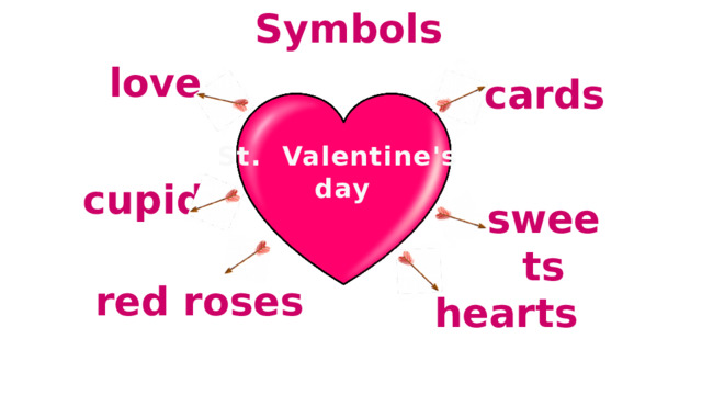 Symbols love cards St. Valentine's day cupid sweets red roses hearts 