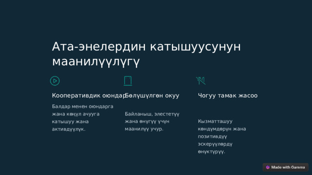 Ата-энелердин катышуусунун маанилүүлүгү Кооперативдик оюндар Бөлүшүлгөн окуу Чогуу тамак жасоо Балдар менен оюндарга жана көңүл ачууга катышуу жана активдүүлүк. Байланыш, элестетүү жана өнүгүү үчүн маанилүү учур. Кызматташуу көндүмдөрүн жана позитивдүү эскерүүлөрдү өнүктүрүү.  