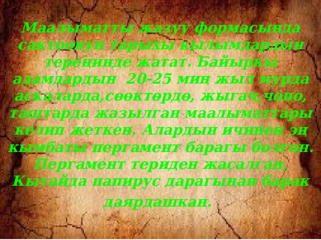 Маалыматты жазуу формасында сактоонун тарыхы кылымдардын тереңинде жатат. Байыркы адамдардын 20-25 миң жыл мурда аскаларда,сөөктөрдө, жыгач,чопо, таштарда жазылган маалыматтары келип жеткен. Алардын ичинен эң кымбаты пергамент барагы болгон. Пергамент териден жасалган, Кытайда папирус дарагынан барак даярдашкан.  