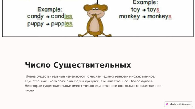Число Существительных  Имена существительные изменяются по числам: единственное и множественное. Единственное число обозначает один предмет, а множественное - более одного. Некоторые существительные имеют только единственное или только множественное число.  